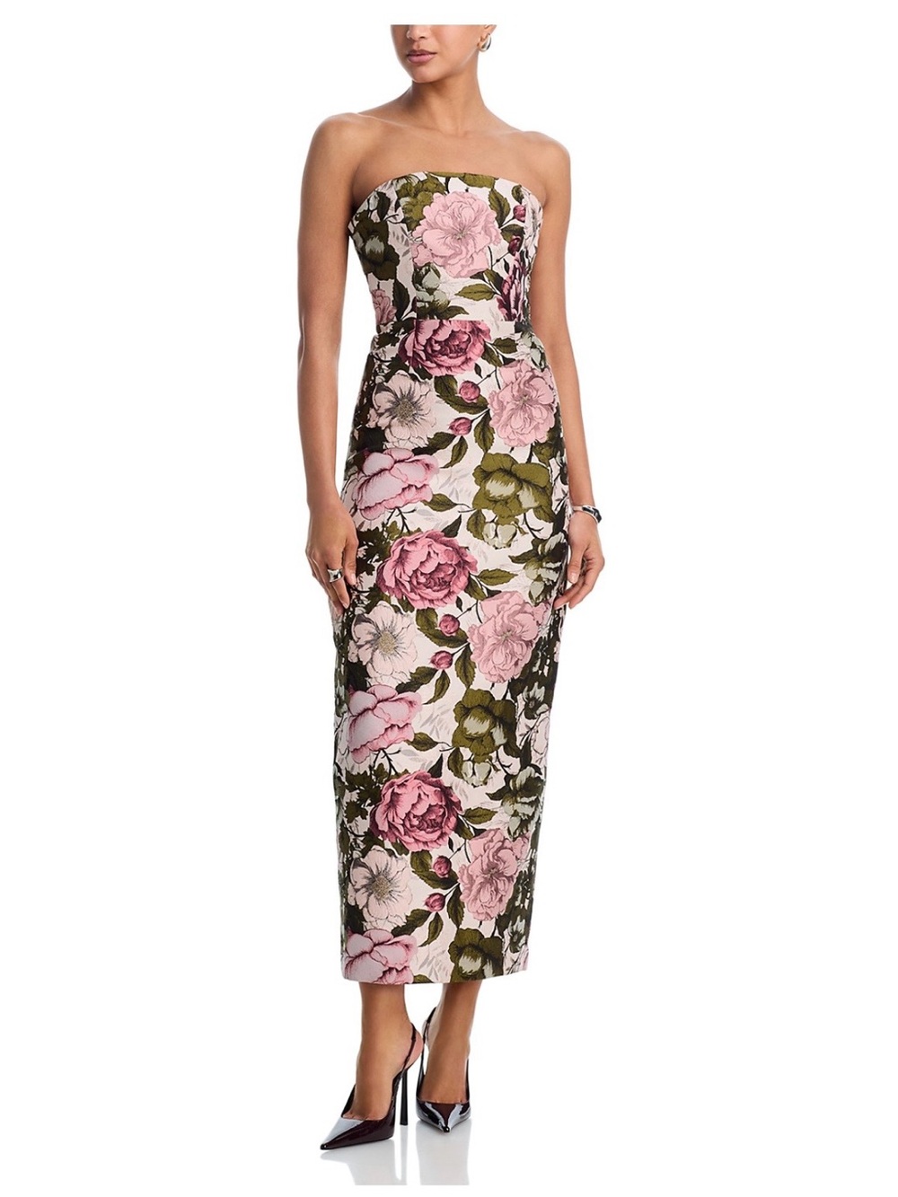 Milly ELLA JACQUARD MAXI DRESS Strapless Pink & Olive Floral Midi Dress